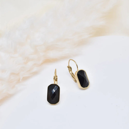 BOUCLES D'OREILLES INOX ET AGATE NOIRE 1