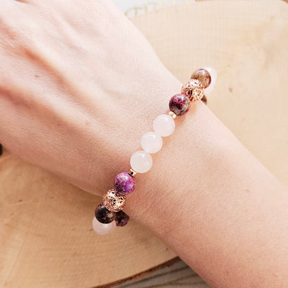 BRACELET FAIT MAIN- ATTIRER L'AME SOEUR - Quartz Rose, Jaspe Impérial Violet & Pierre de Lave Rose Gold