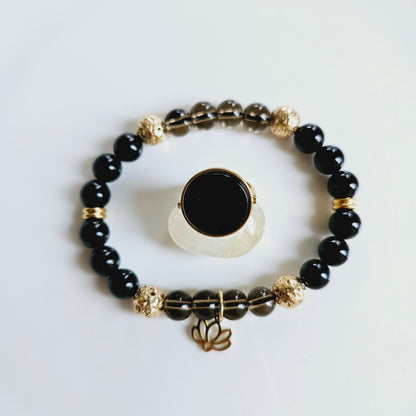 BRACELET FAIT MAIN - Onyx & Quartz fumé - STOP ADDICTION