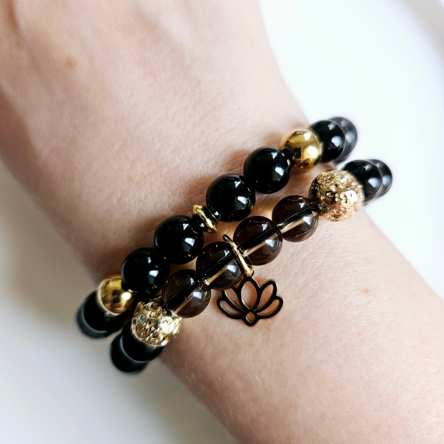 BRACELET FAIT MAIN - Onyx & Quartz fumé - STOP ADDICTION