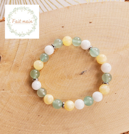 BRACELET FAIT MAIN - CHANCE SUCCES REUSSITE - Aventurine verte, calcite jaune & agate blanche