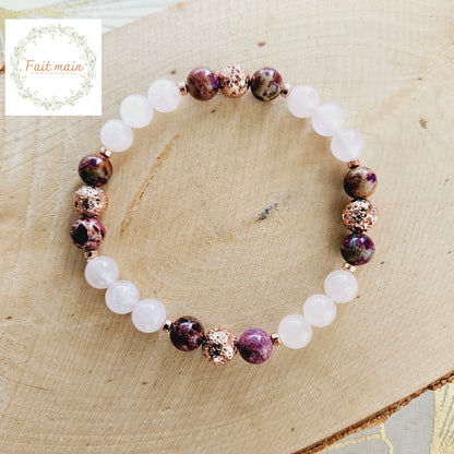 BRACELET FAIT MAIN- ATTIRER L'AME SOEUR - Quartz Rose, Jaspe Impérial Violet & Pierre de Lave Rose Gold