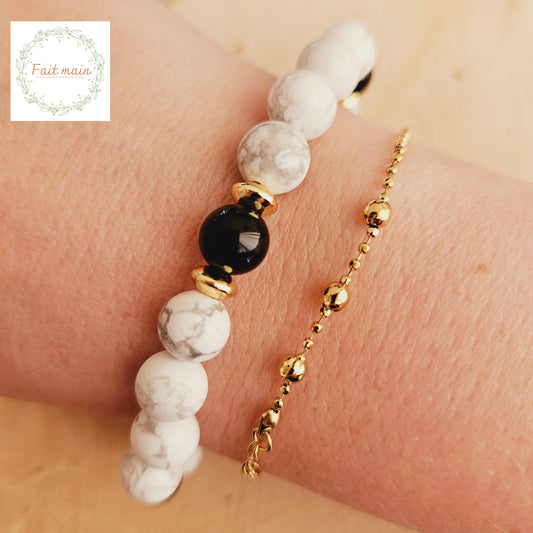 BRACELET FAIT MAIN - REALISEZ VOS REVES - HOWLITE ET ONYX