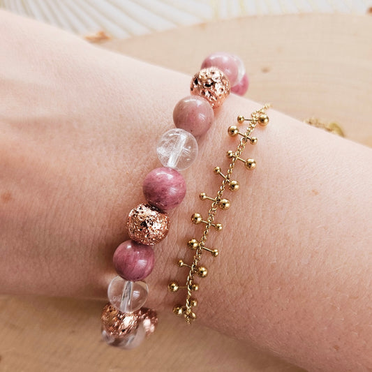 BRACELET FAIT MAIN - LOVE - Pierre de Lave, Rhodonite & Cristal de Roche