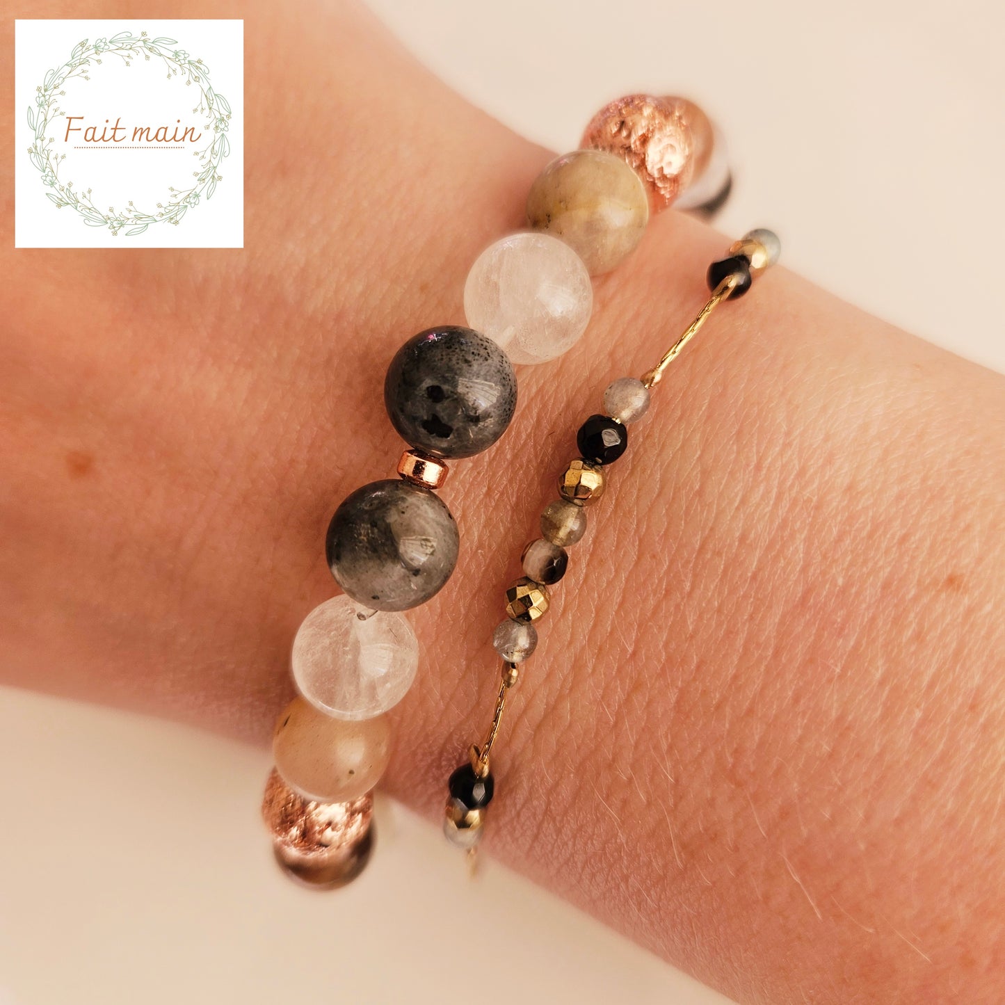 BRACELET FAIT MAIN - HARMONIE FEMININE - PIERRE DE LUNE & LABRADORITE NOIRE