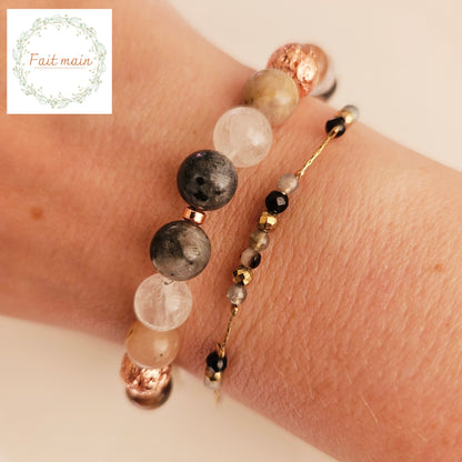 BRACELET FAIT MAIN - HARMONIE FEMININE - PIERRE DE LUNE & LABRADORITE NOIRE