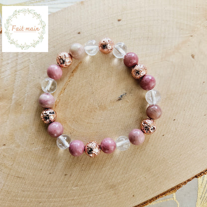 BRACELET FAIT MAIN - LOVE - Pierre de Lave, Rhodonite & Cristal de Roche